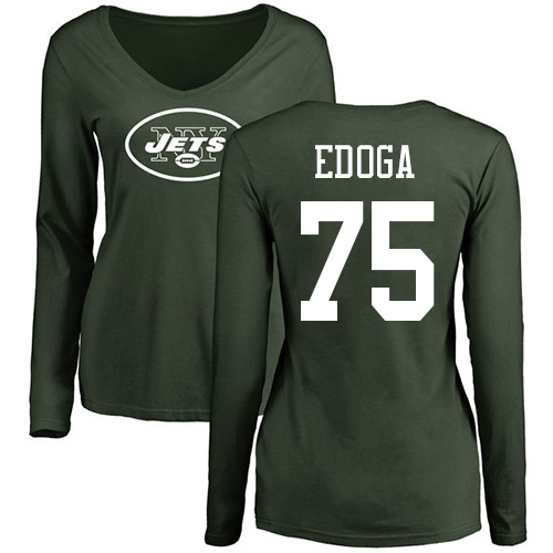 New York Jets Green Women Chuma Edoga Name and Number Logo NFL Football #75 Long Sleeve T Shirt